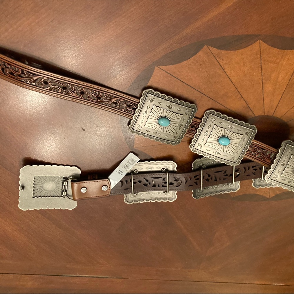 Ariat Choncha Brown Leather Belt with Silver and Turquoise Accents - Picture 4 of 7